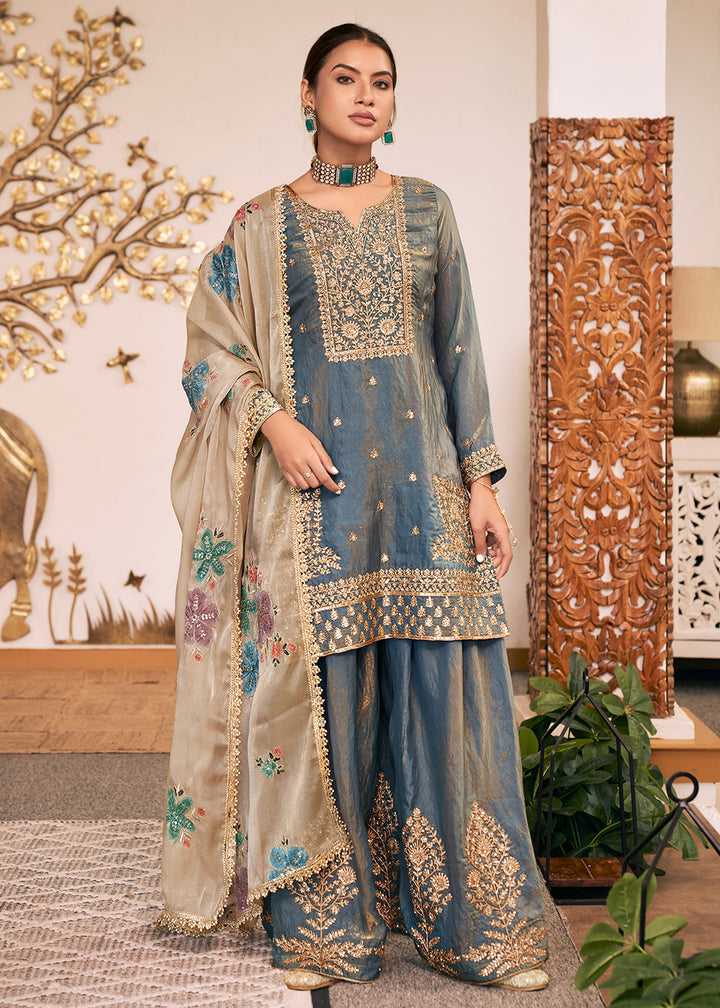 Buy Now Grey Fendy Silk Embroidered Festive Palazzo Style Set Online in US, UK, Canada, Netherlands, Germany, Italy, France, Greece, UAE &amp; Worldwide at Empress
