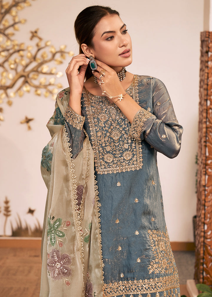Buy Now Grey Fendy Silk Embroidered Festive Palazzo Style Set Online in US, UK, Canada, Netherlands, Germany, Italy, France, Greece, UAE &amp; Worldwide at Empress