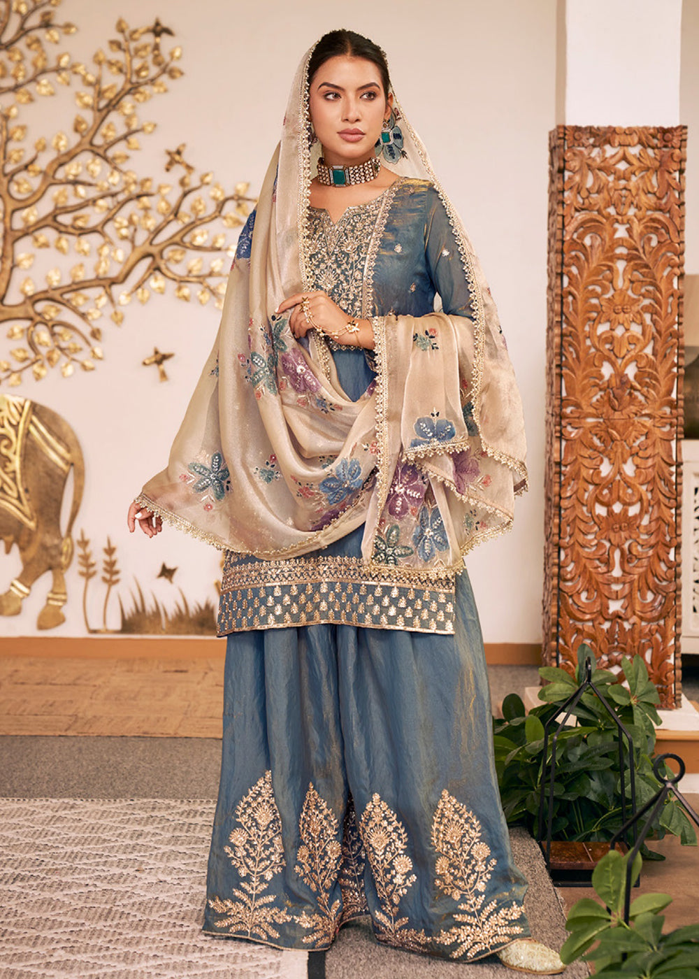Buy Now Grey Fendy Silk Embroidered Festive Palazzo Style Set Online in US, UK, Canada, Netherlands, Germany, Italy, France, Greece, UAE &amp; Worldwide at Empress