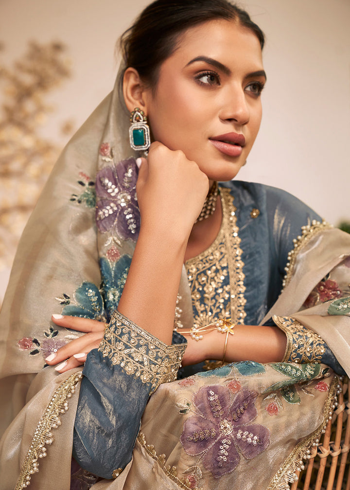 Buy Now Grey Fendy Silk Embroidered Festive Palazzo Style Set Online in US, UK, Canada, Netherlands, Germany, Italy, France, Greece, UAE &amp; Worldwide at Empress