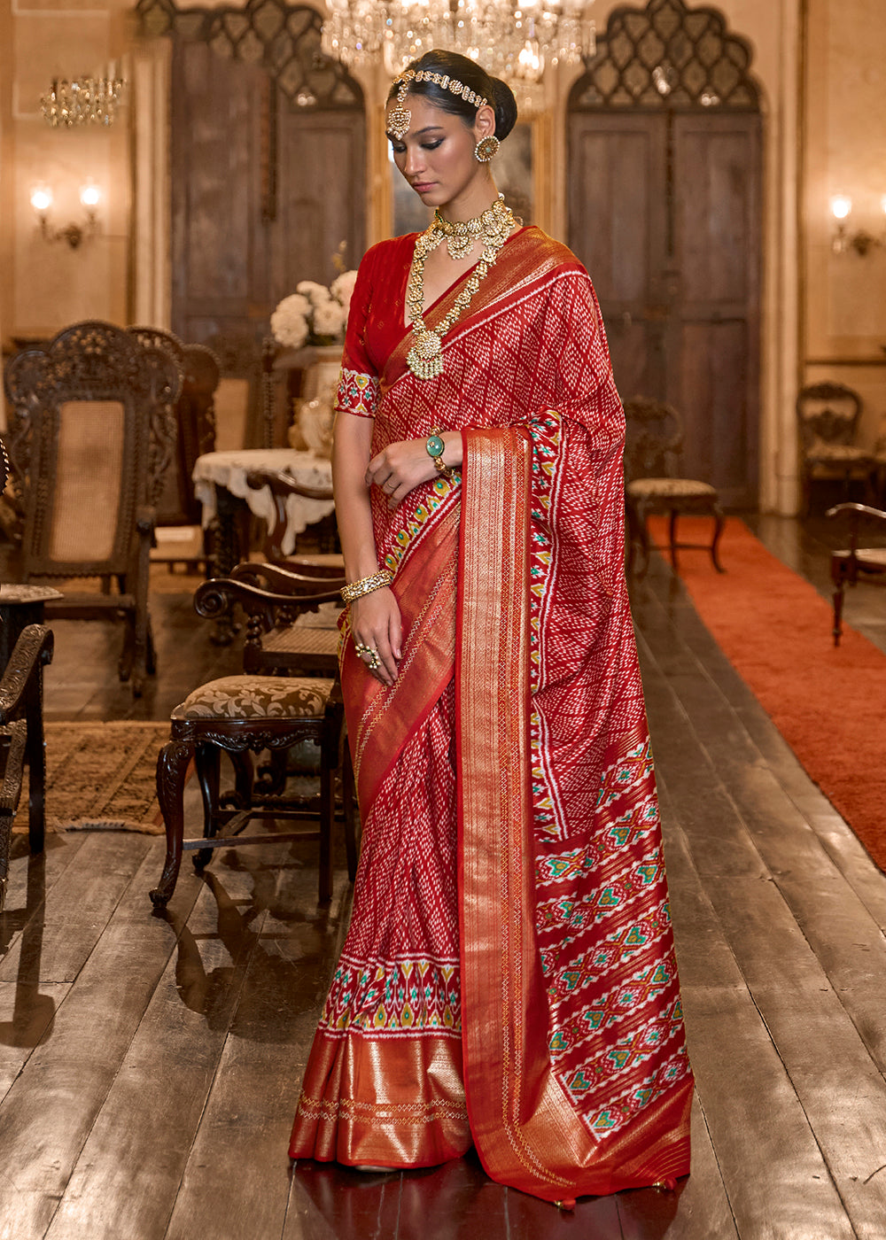 Shop Now Gorgeous Red Woven Zari & Printed Patola Silk Traditional Saree from Empress Clothing in USA, UK, Canada & Worldwide. 