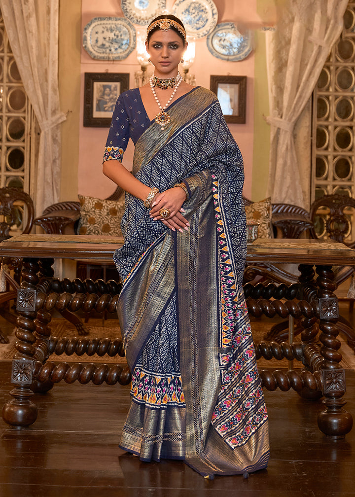 Shop Now Remarkable Navy Blue Woven Zari & Printed Patola Silk Traditional Saree from Empress Clothing in USA, UK, Canada & Worldwide.