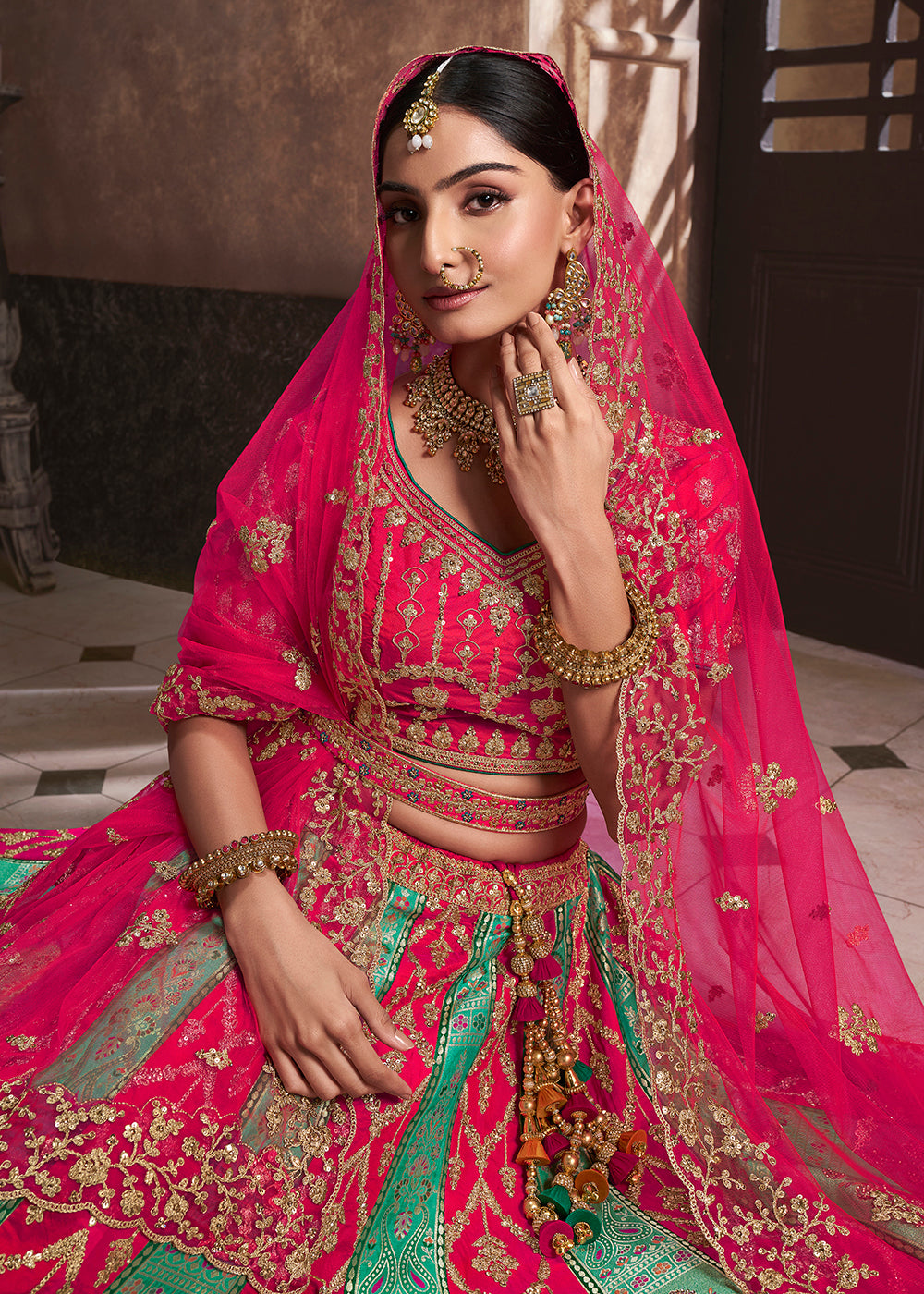 Buy Now Pink & Aqua Banarasi Silk Bridal Designer Lehenga Choli Online in USA, UK, Canada & Worldwide at Empress Clothing. 