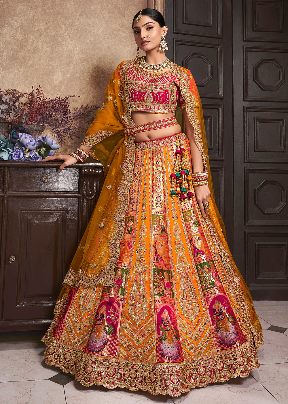 Buy Now Mustard Orange Banarasi Silk Bridal Designer Lehenga Choli Online in USA, UK, Canada & Worldwide at Empress Clothing.