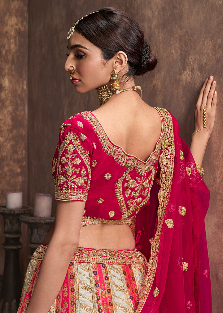 Buy Now Cream & Pink Banarasi Silk Bridal Designer Lehenga Choli Online in USA, UK, Canada & Worldwide at Empress Clothing. 