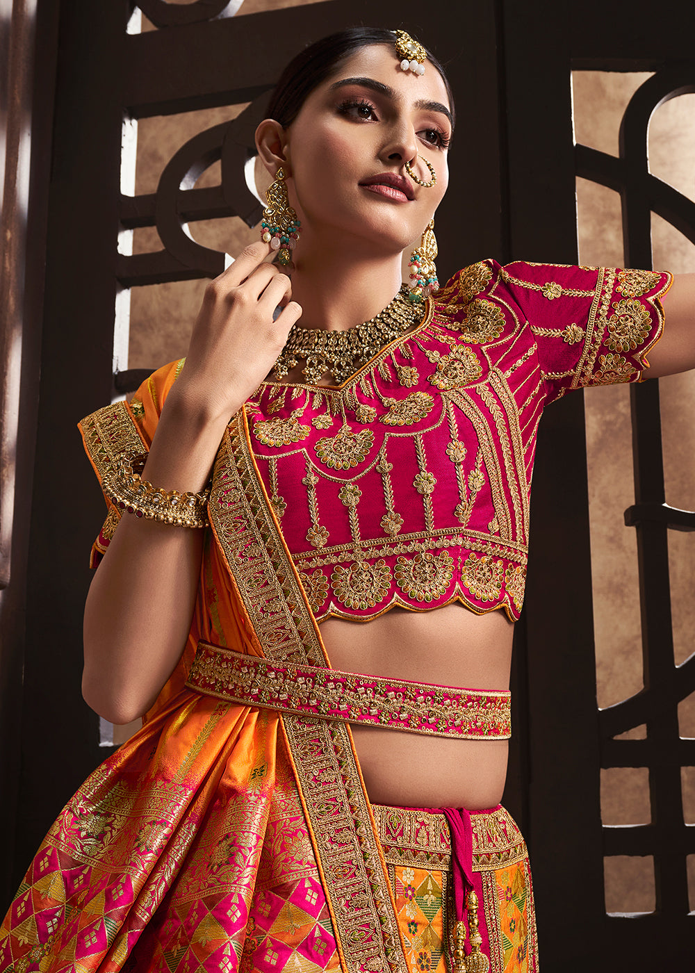 Buy Now Mustard & Pink Banarasi Silk Bridal Designer Lehenga Choli Online in USA, UK, Canada & Worldwide at Empress Clothing.