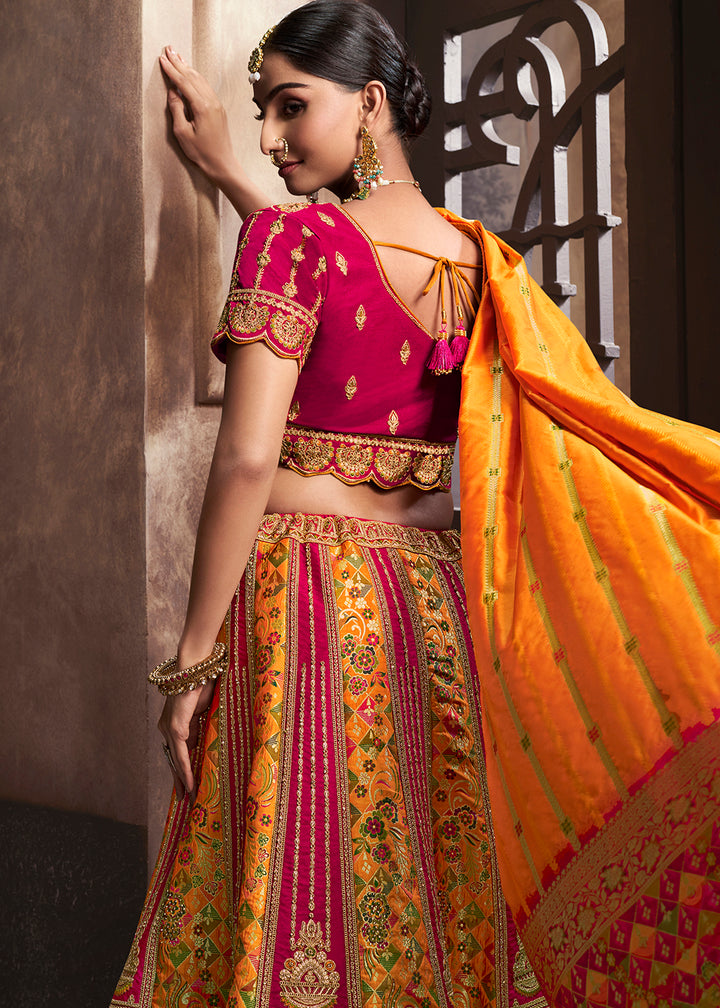 Buy Now Mustard & Pink Banarasi Silk Bridal Designer Lehenga Choli Online in USA, UK, Canada & Worldwide at Empress Clothing.