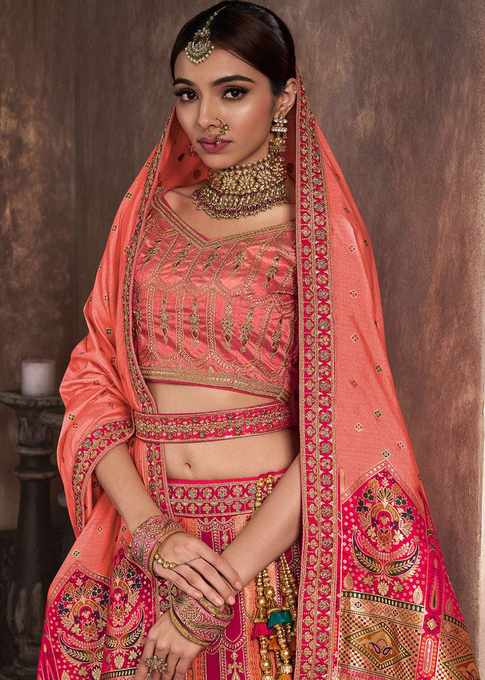 Buy Now Peach & Pink Banarasi Silk Bridal Designer Lehenga Choli Online in USA, UK, Canada & Worldwide at Empress Clothing.