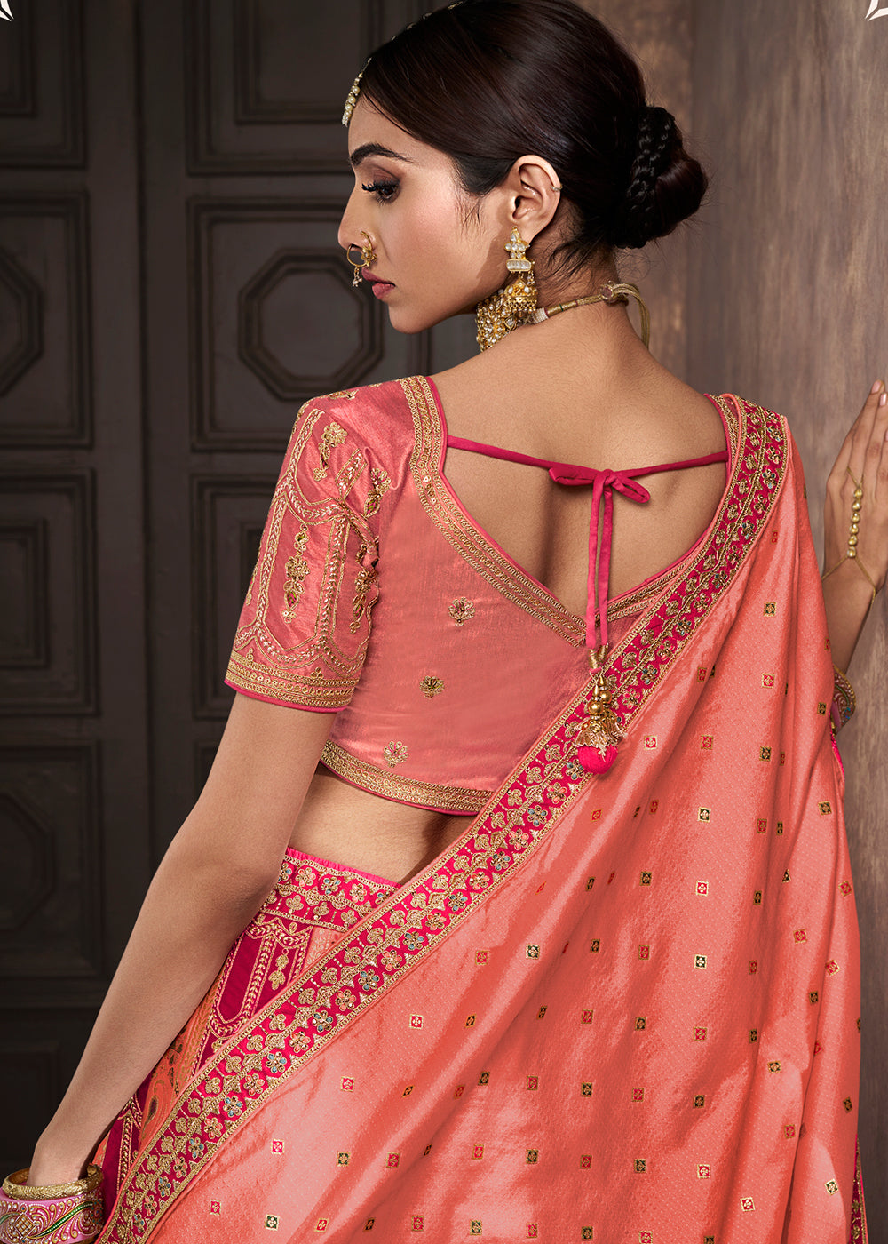 Buy Now Peach & Pink Banarasi Silk Bridal Designer Lehenga Choli Online in USA, UK, Canada & Worldwide at Empress Clothing.