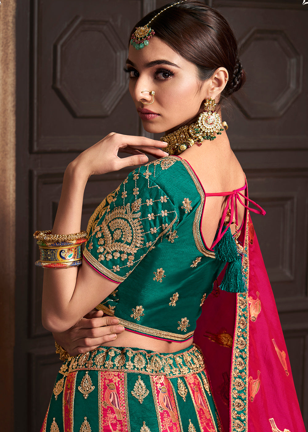 Buy Now Green & Pink Banarasi Silk Bridal Designer Lehenga Choli Online in USA, UK, Canada & Worldwide at Empress Clothing. 