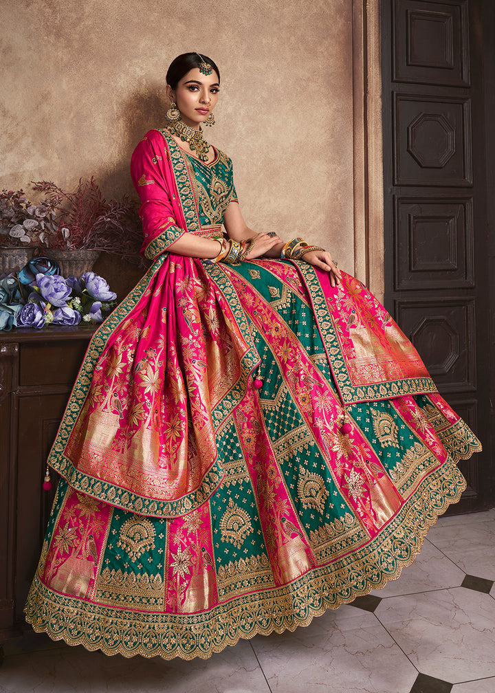 Buy Now Green & Pink Banarasi Silk Bridal Designer Lehenga Choli Online in USA, UK, Canada & Worldwide at Empress Clothing. 
