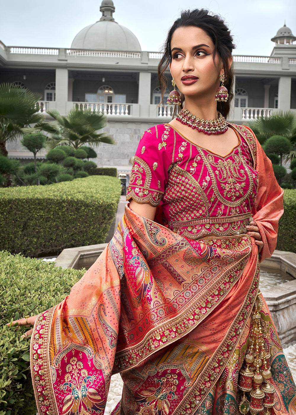 Buy Now Multicolor Banarasi Silk Embroidered Bridal Lehenga Choli Online in USA, UK, Canada, UAE & Worldwide at Empress Clothing. 