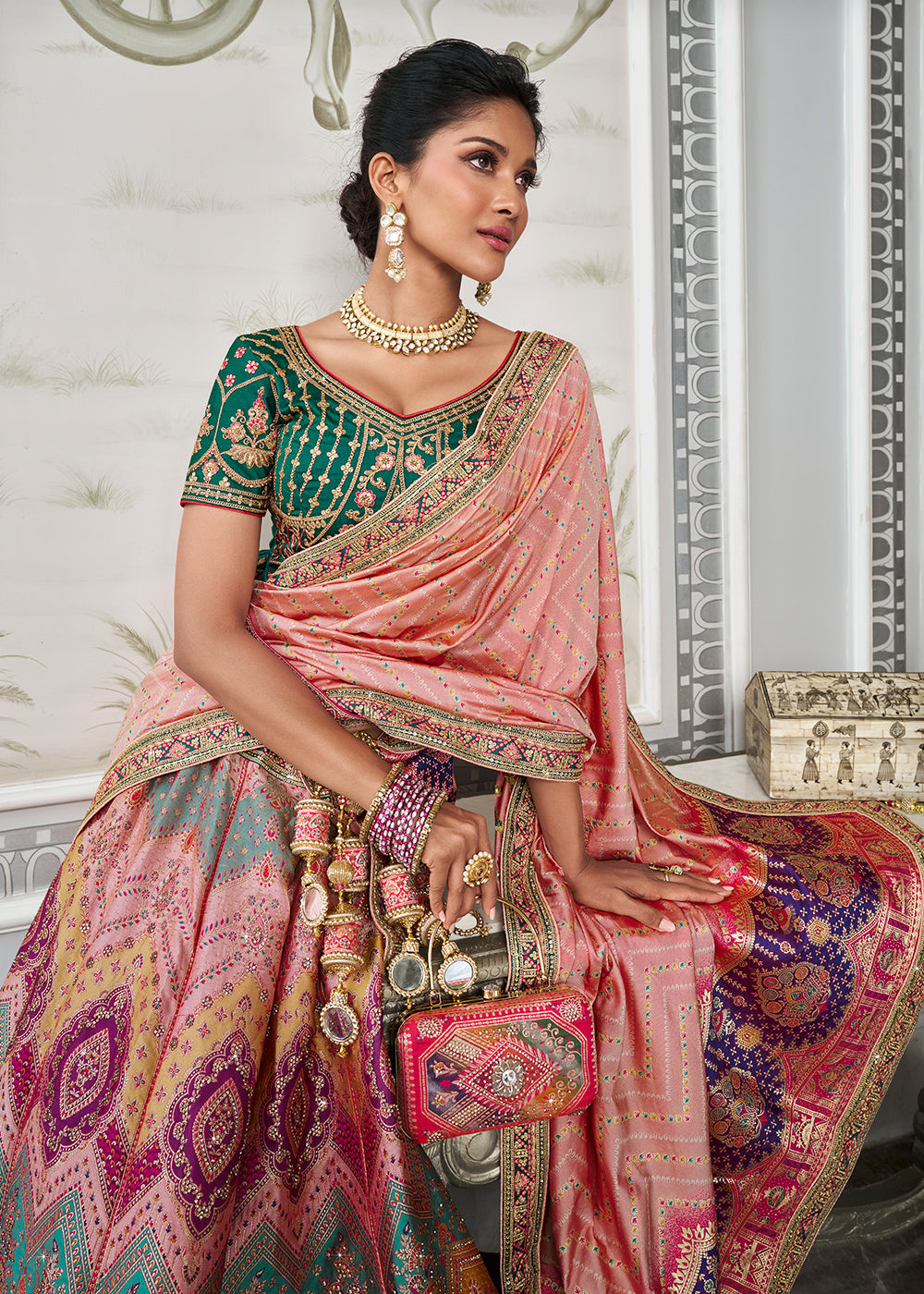 Green Multicolor Banarasi Silk Embroidered Bridal Lehenga Choli