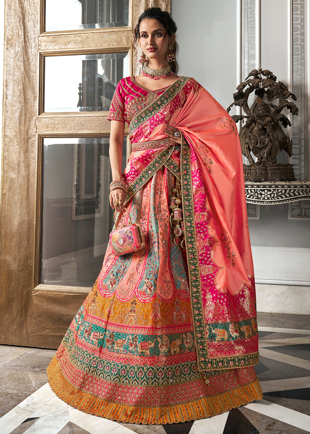 Buy Now Rani Multicolor Banarasi Silk Embroidered Bridal Lehenga Choli Online in USA, UK, Canada, UAE & Worldwide at Empress Clothing. 