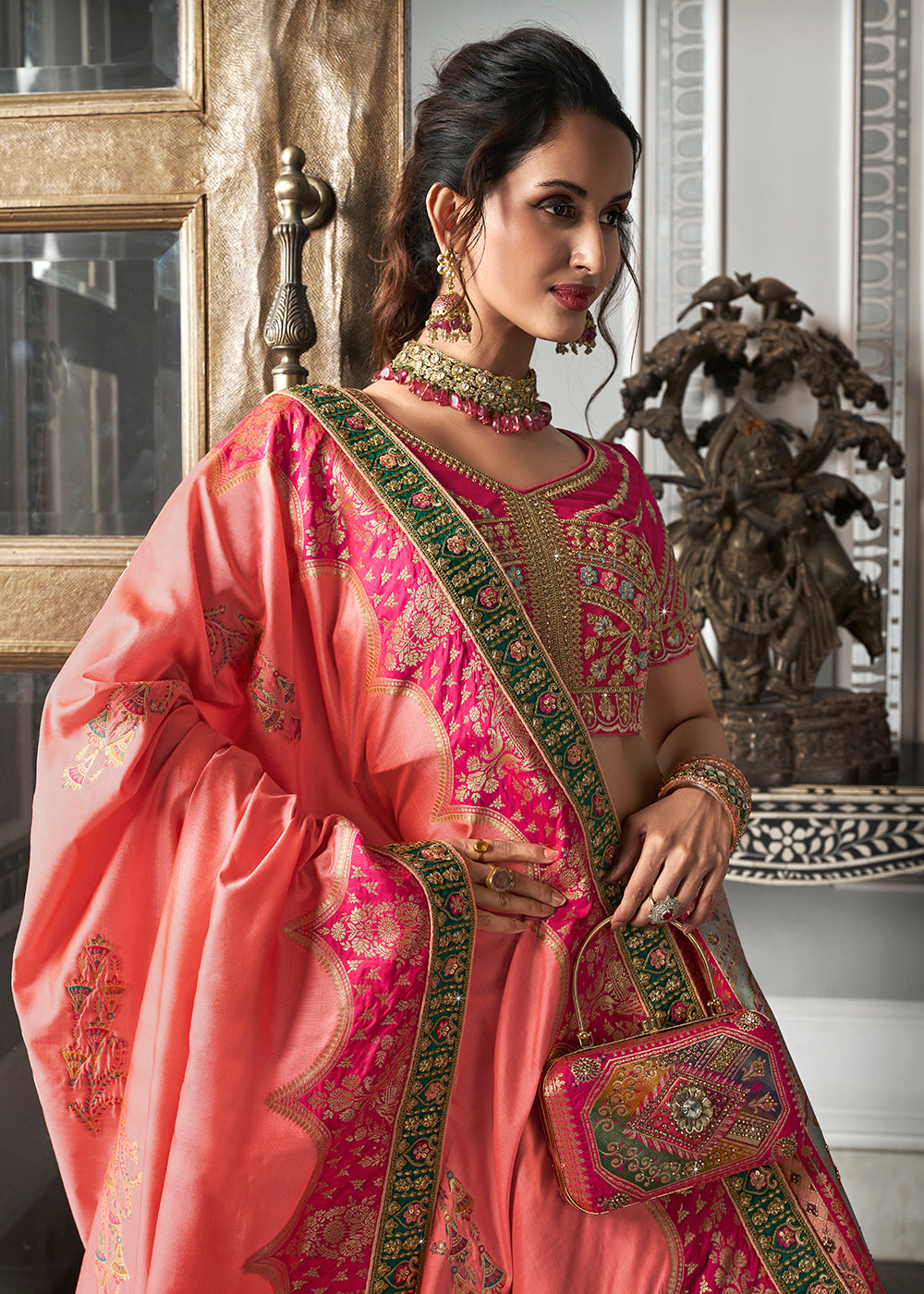 Buy Now Rani Multicolor Banarasi Silk Embroidered Bridal Lehenga Choli Online in USA, UK, Canada, UAE & Worldwide at Empress Clothing. 