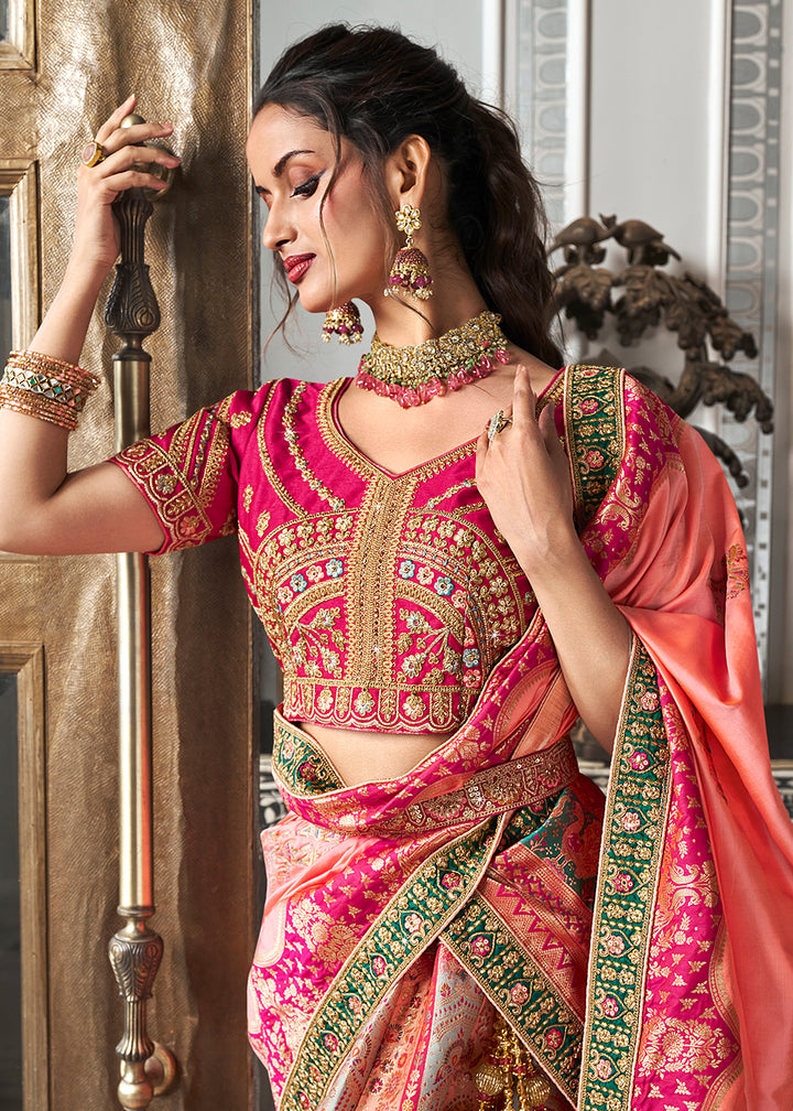 Buy Now Rani Multicolor Banarasi Silk Embroidered Bridal Lehenga Choli Online in USA, UK, Canada, UAE & Worldwide at Empress Clothing. 