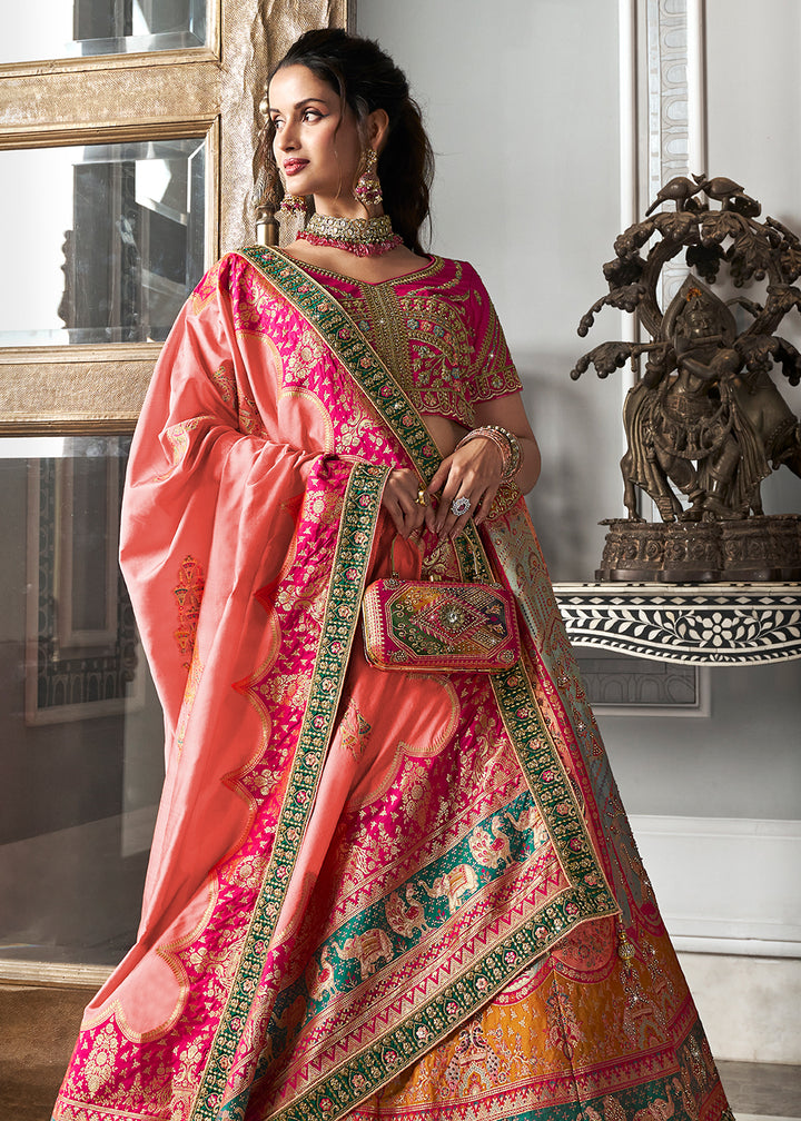 Buy Now Rani Multicolor Banarasi Silk Embroidered Bridal Lehenga Choli Online in USA, UK, Canada, UAE & Worldwide at Empress Clothing. 