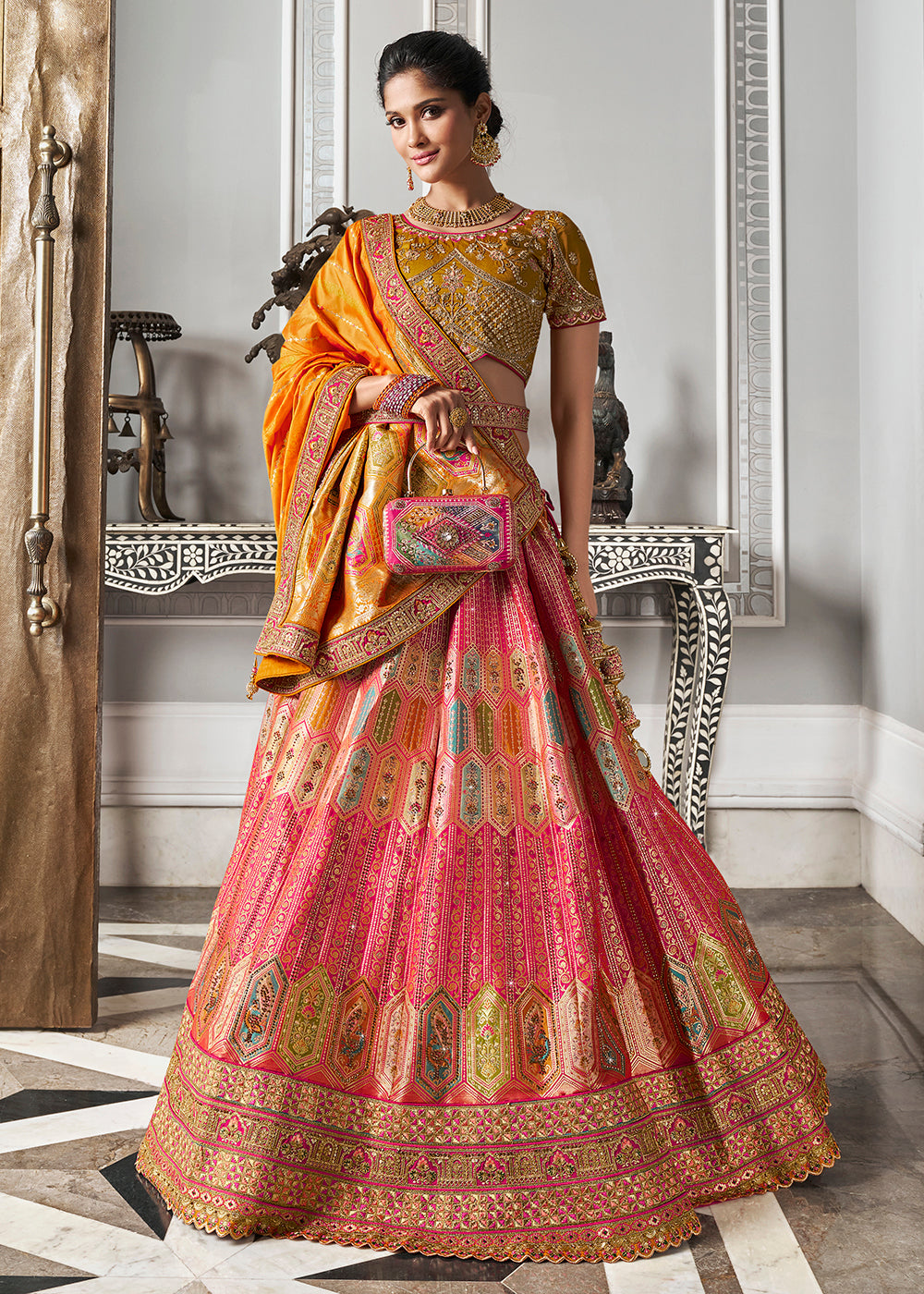 Buy Now Yellow Multicolor Banarasi Silk Embroidered Bridal Lehenga Choli Online in USA, UK, Canada, UAE & Worldwide at Empress Clothing. 