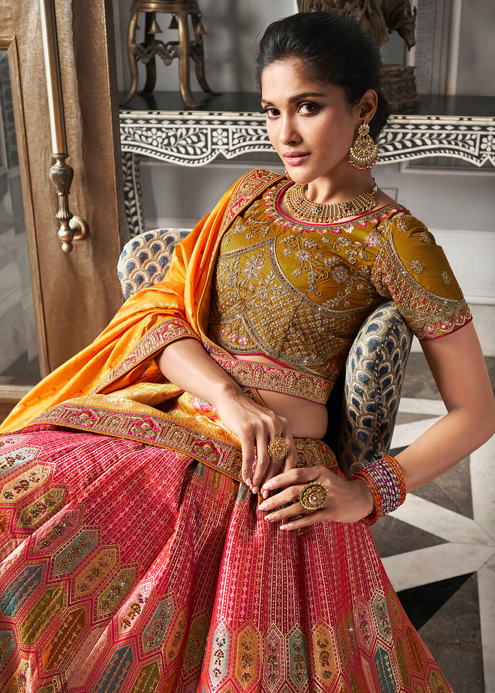 Buy Now Yellow Multicolor Banarasi Silk Embroidered Bridal Lehenga Choli Online in USA, UK, Canada, UAE & Worldwide at Empress Clothing. 