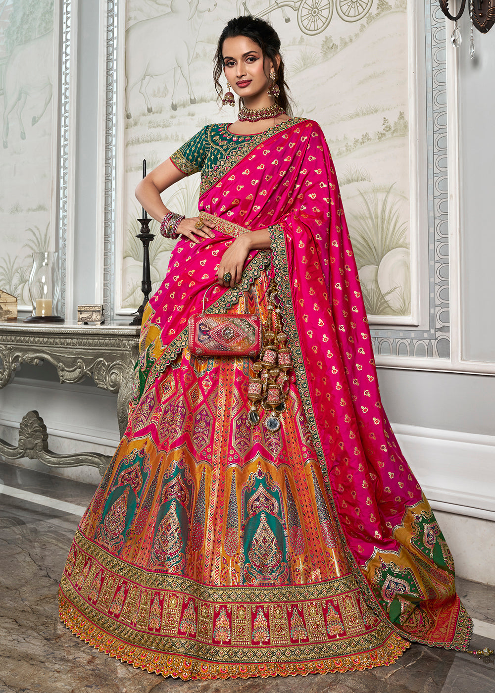 Multi Color Leaf Design selling Banarasi Chanderi Silk Lehenga, Maxi Skirt Festive Indian Zari Embroidery Long Drawstring Party Ethnic Traditional