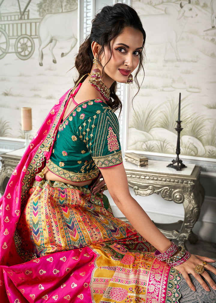 Buy Now Mustard Multicolor Banarasi Silk Embroidered Bridal Lehenga Choli Online in USA, UK, Canada, UAE & Worldwide at Empress Clothing.