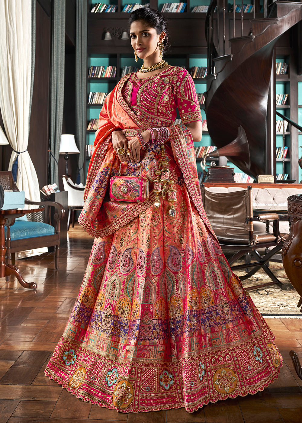 Buy Now Pink Multicolor Banarasi Silk Embroidered Bridal Lehenga Choli Online in USA, UK, Canada, UAE & Worldwide at Empress Clothing. 