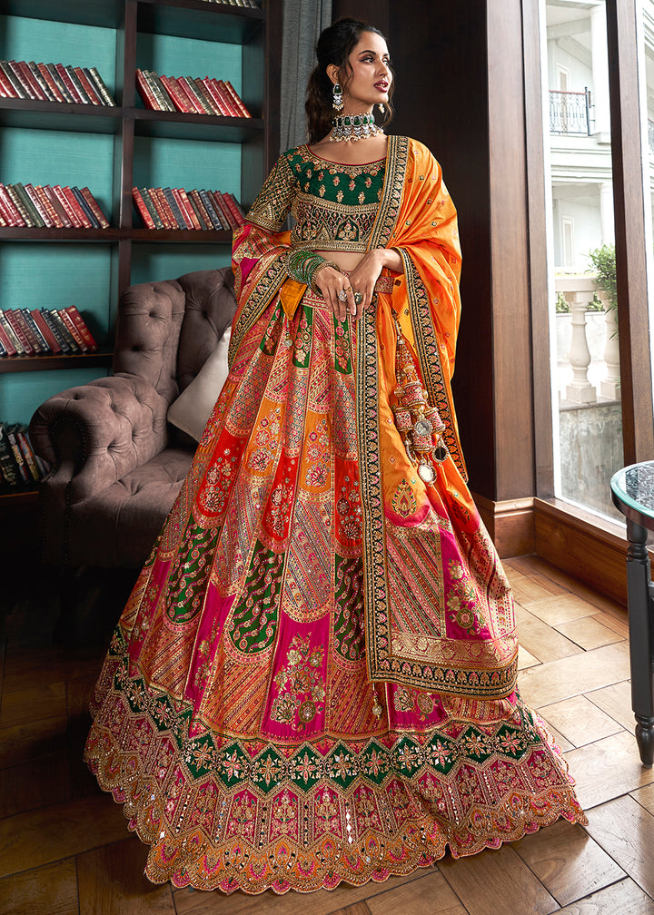 Buy Now Green Multicolor Banarasi Silk Embroidered Bridal Lehenga Choli Online in USA, UK, Canada, UAE & Worldwide at Empress Clothing. 