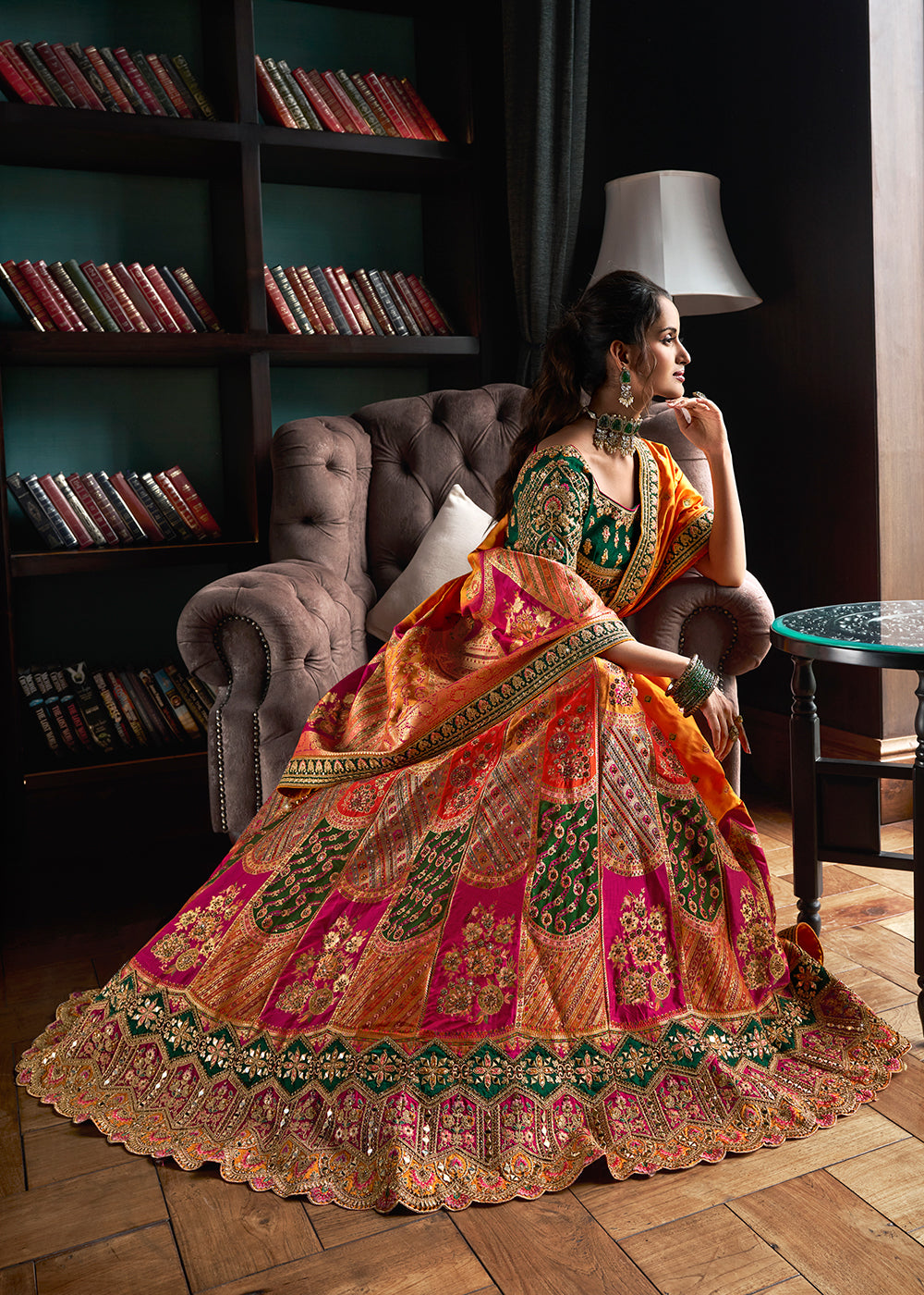 Buy Now Green Multicolor Banarasi Silk Embroidered Bridal Lehenga Choli Online in USA, UK, Canada, UAE & Worldwide at Empress Clothing. 