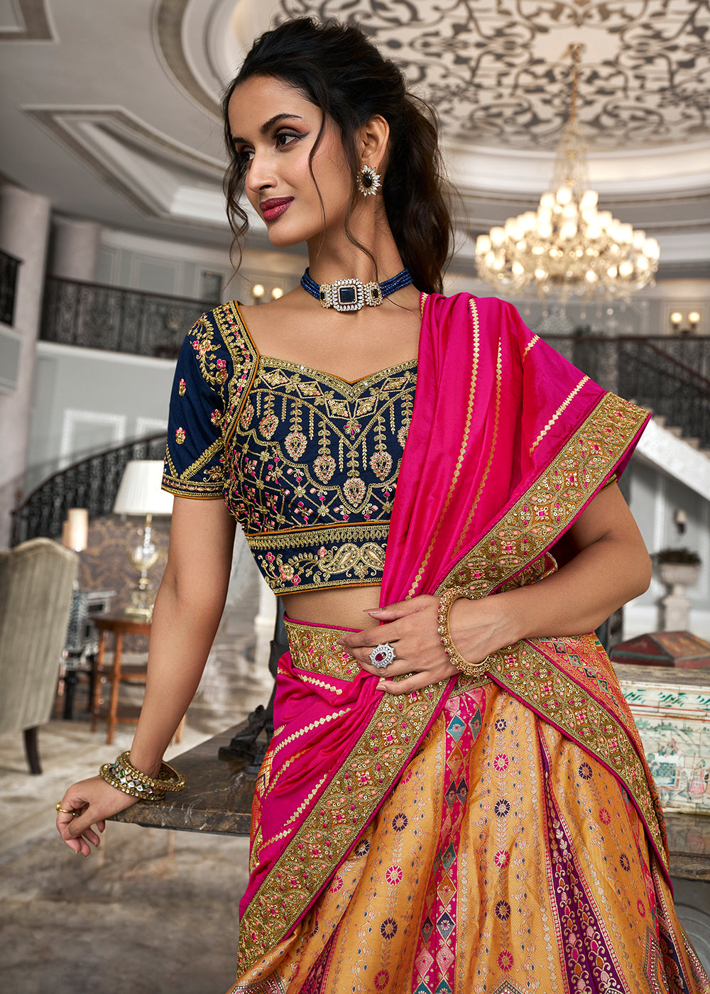 Buy Now Blue Multicolor Banarasi Silk Embroidered Bridal Lehenga Choli Online in USA, UK, Canada, UAE & Worldwide at Empress Clothing. 