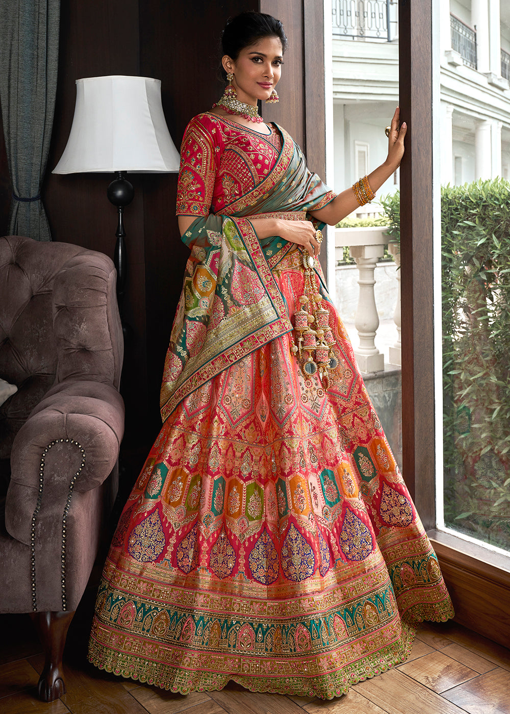 Buy Now Multicolor Banarasi Silk Embroidered Bridal Lehenga Choli Online in USA, UK, Canada, UAE & Worldwide at Empress Clothing. 