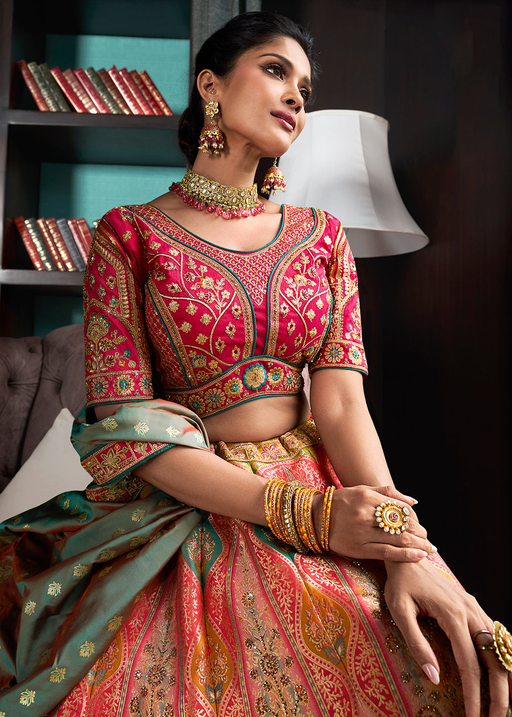 Buy Now Multicolor Banarasi Silk Embroidered Bridal Lehenga Choli Online in USA, UK, Canada, UAE & Worldwide at Empress Clothing. 