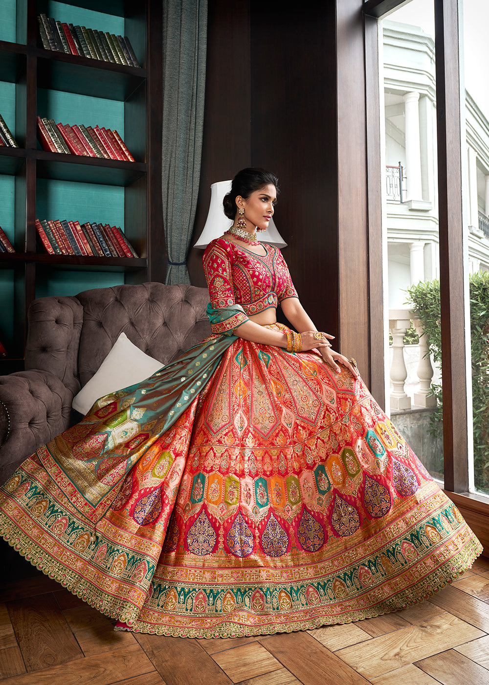 Buy Now Multicolor Banarasi Silk Embroidered Bridal Lehenga Choli Online in USA, UK, Canada, UAE & Worldwide at Empress Clothing. 