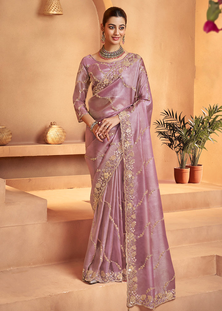 Buy Lilac Pink Tissue Silk Heavy Embroidered Designer Saree Online in USA, UK, Canada, France, Germany, Italy, Denmark, UAE, Singapore & Worldwide at Empress.