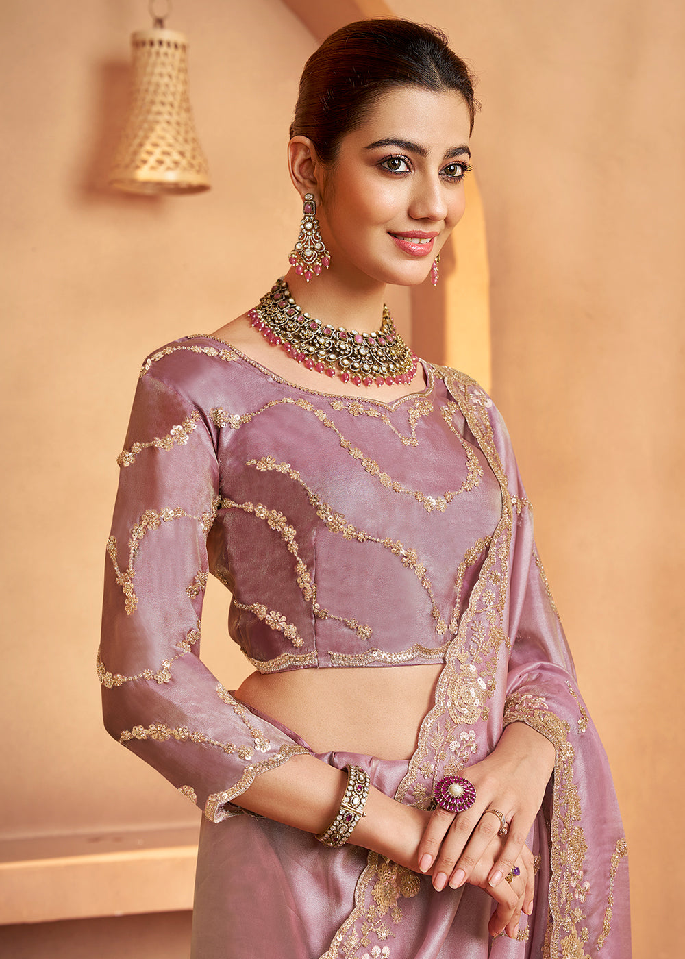 Buy Lilac Pink Tissue Silk Heavy Embroidered Designer Saree Online in USA, UK, Canada, France, Germany, Italy, Denmark, UAE, Singapore & Worldwide at Empress.