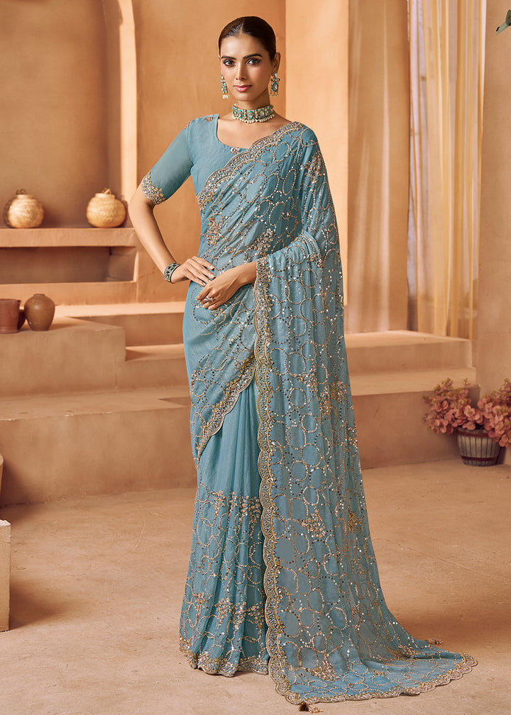 Buy Mist Blue Tissue Silk Heavy Embroidered Designer Saree Online in USA, UK, Canada, France, Germany, Italy, Denmark, UAE, Singapore & Worldwide at Empress.