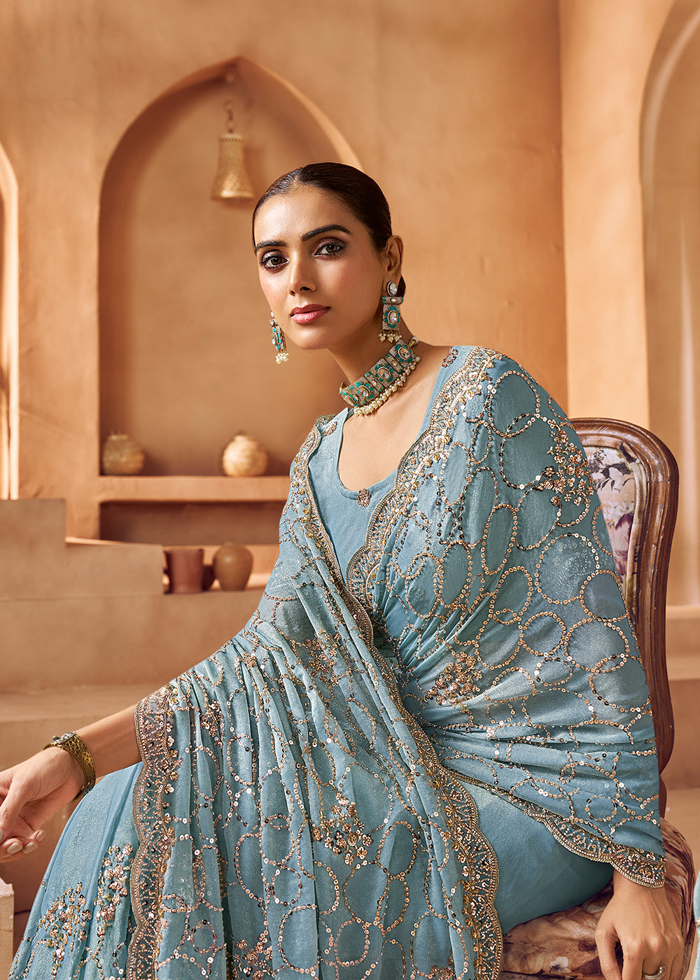 Buy Mist Blue Tissue Silk Heavy Embroidered Designer Saree Online in USA, UK, Canada, France, Germany, Italy, Denmark, UAE, Singapore & Worldwide at Empress.