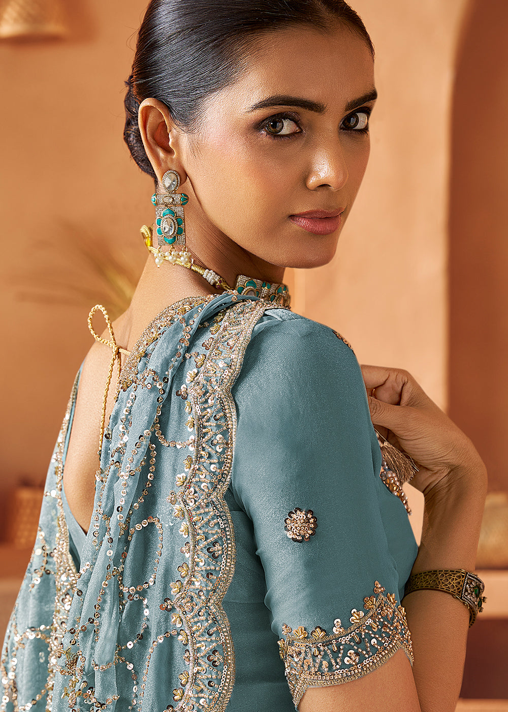 Buy Mist Blue Tissue Silk Heavy Embroidered Designer Saree Online in USA, UK, Canada, France, Germany, Italy, Denmark, UAE, Singapore & Worldwide at Empress.