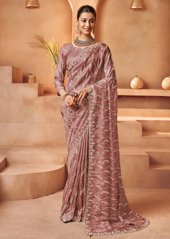 Buy Old Rose Tissue Silk Heavy Embroidered Designer Saree Online in USA, UK, Canada, France, Germany, Italy, Denmark, UAE, Singapore & Worldwide at Empress.