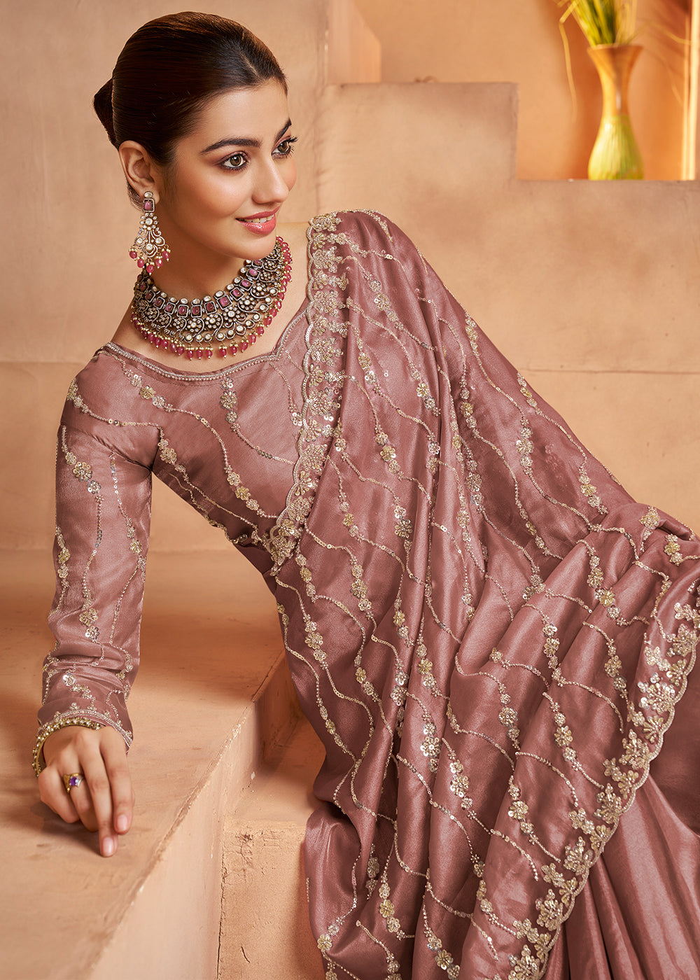 Buy Old Rose Tissue Silk Heavy Embroidered Designer Saree Online in USA, UK, Canada, France, Germany, Italy, Denmark, UAE, Singapore & Worldwide at Empress.