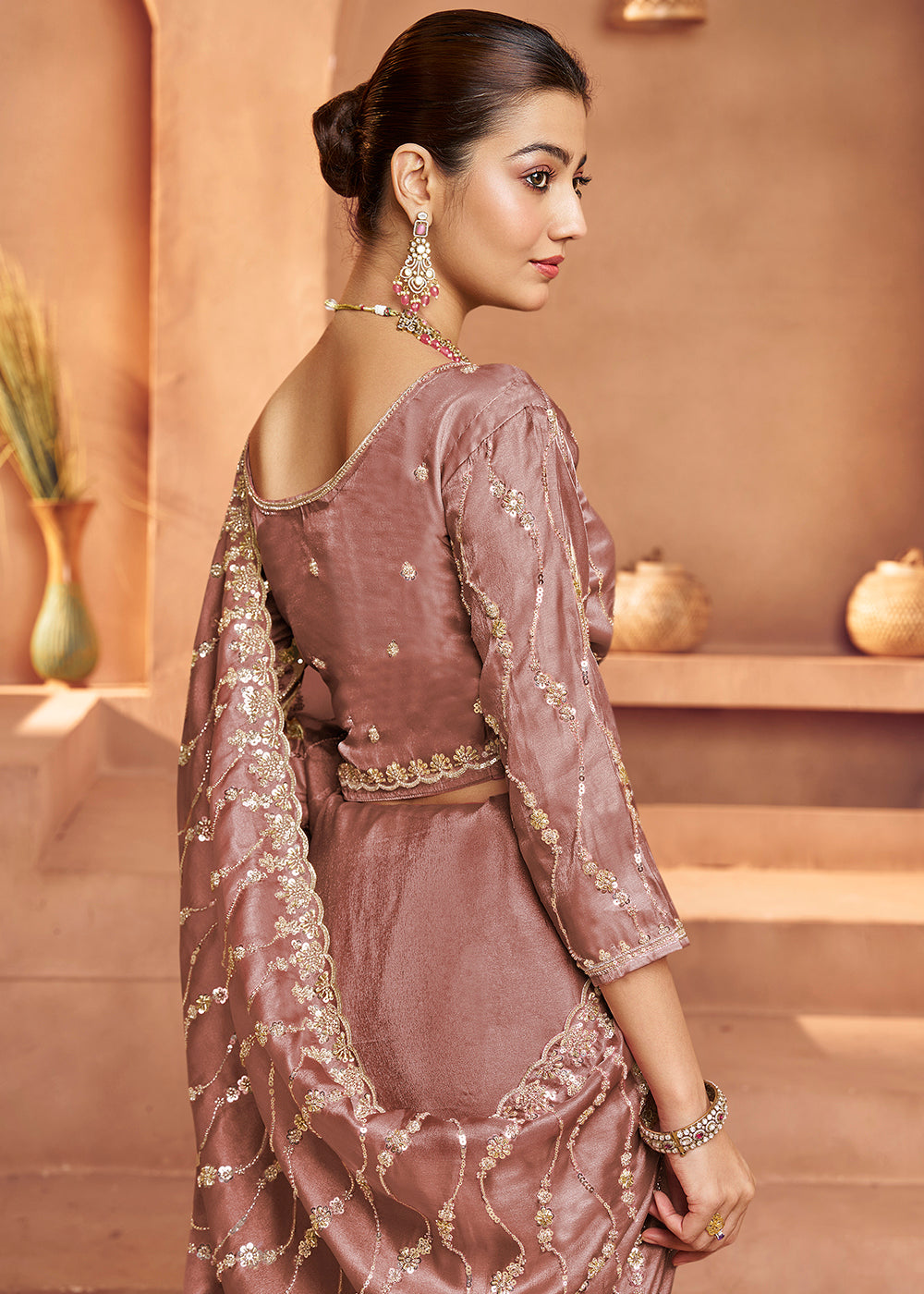 Buy Old Rose Tissue Silk Heavy Embroidered Designer Saree Online in USA, UK, Canada, France, Germany, Italy, Denmark, UAE, Singapore & Worldwide at Empress.