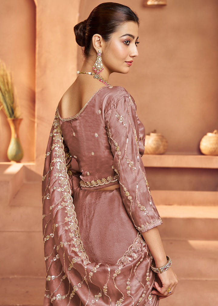 Buy Old Rose Tissue Silk Heavy Embroidered Designer Saree Online in USA, UK, Canada, France, Germany, Italy, Denmark, UAE, Singapore & Worldwide at Empress.