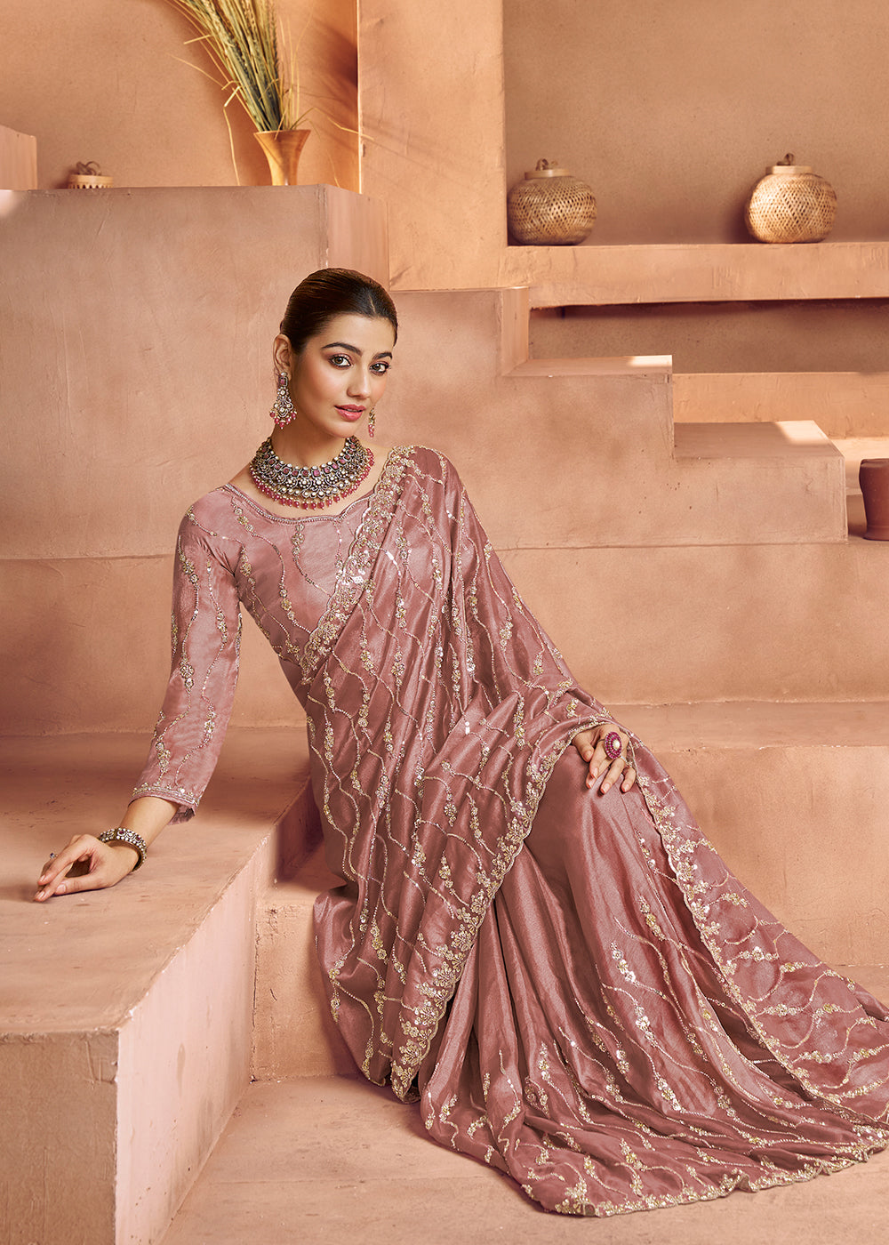 Buy Old Rose Tissue Silk Heavy Embroidered Designer Saree Online in USA, UK, Canada, France, Germany, Italy, Denmark, UAE, Singapore & Worldwide at Empress.