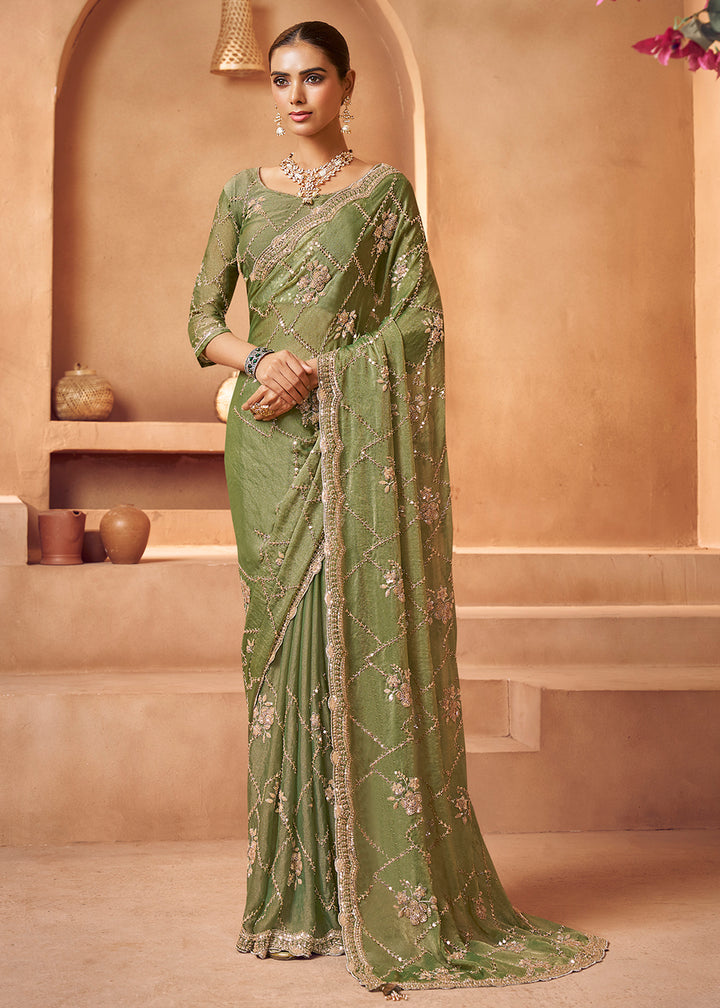Buy Light Green Tissue Silk Heavy Embroidered Designer Saree Online in USA, UK, Canada, France, Germany, Italy, Denmark, UAE, Singapore & Worldwide at Empress.