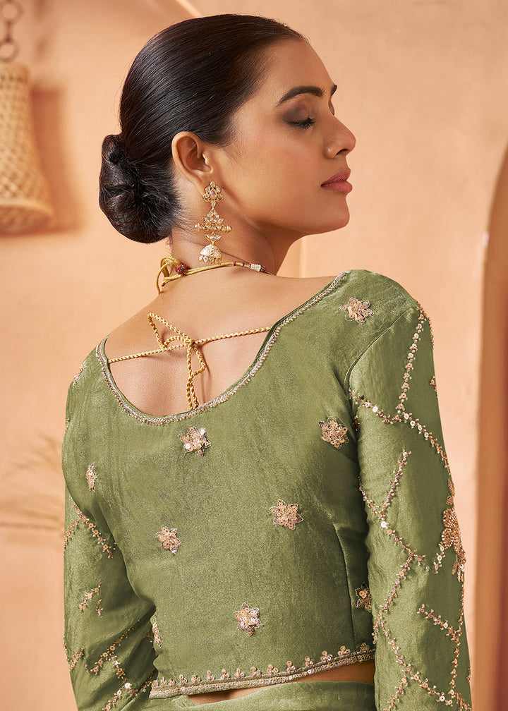 Buy Light Green Tissue Silk Heavy Embroidered Designer Saree Online in USA, UK, Canada, France, Germany, Italy, Denmark, UAE, Singapore & Worldwide at Empress.