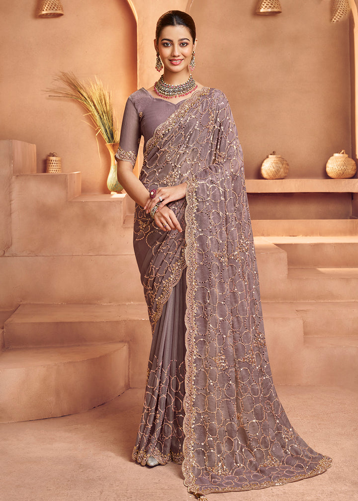 Buy Mauve Purple Tissue Silk Heavy Embroidered Designer Saree Online in USA, UK, Canada, France, Germany, Italy, Denmark, UAE, Singapore & Worldwide at Empress.