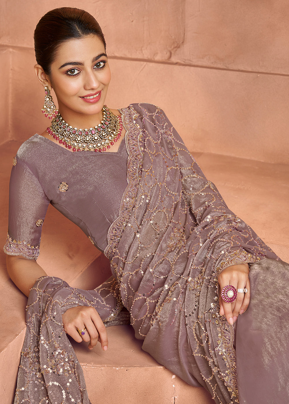 Buy Mauve Purple Tissue Silk Heavy Embroidered Designer Saree Online in USA, UK, Canada, France, Germany, Italy, Denmark, UAE, Singapore & Worldwide at Empress.