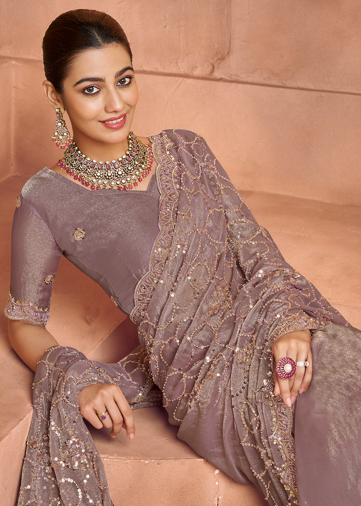 Buy Mauve Purple Tissue Silk Heavy Embroidered Designer Saree Online in USA, UK, Canada, France, Germany, Italy, Denmark, UAE, Singapore & Worldwide at Empress.