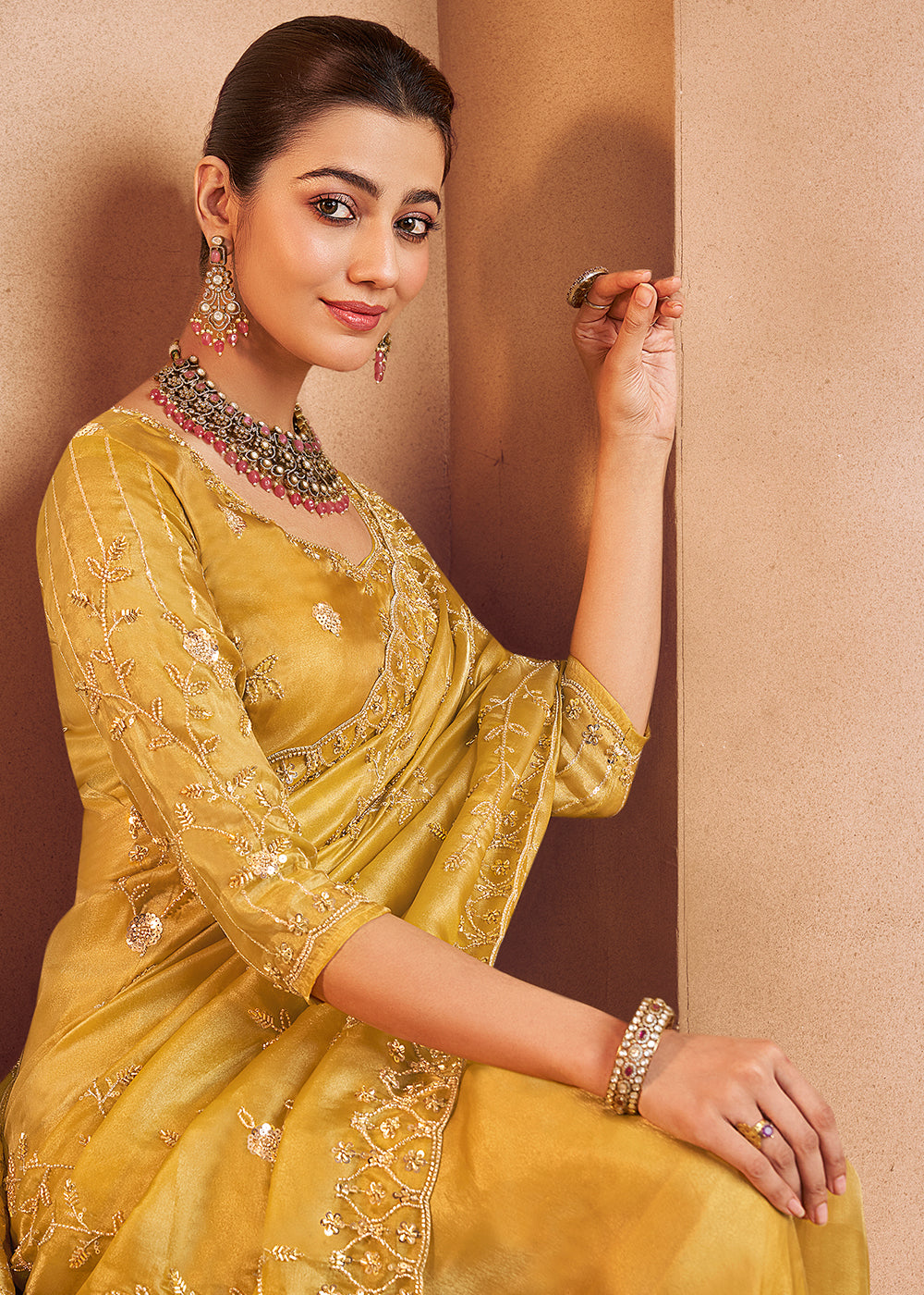 Buy Mustard Yellow Tissue Silk Heavy Embroidered Designer Saree Online in USA, UK, Canada, France, Germany, Italy, Denmark, UAE, Singapore & Worldwide at Empress.