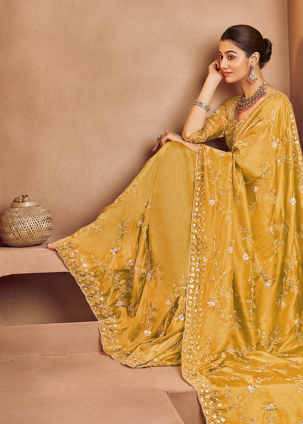 Buy Mustard Yellow Tissue Silk Heavy Embroidered Designer Saree Online in USA, UK, Canada, France, Germany, Italy, Denmark, UAE, Singapore & Worldwide at Empress.