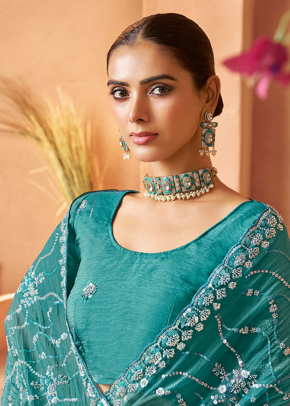 Buy Teal Blue Tissue Silk Heavy Embroidered Designer Saree Online in USA, UK, Canada, France, Germany, Italy, Denmark, UAE, Singapore & Worldwide at Empress.
